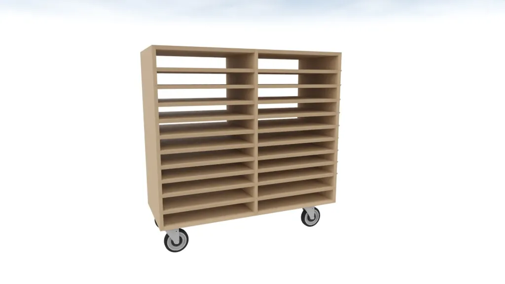 Volledig geopende kast met 10 planken - op wielen.