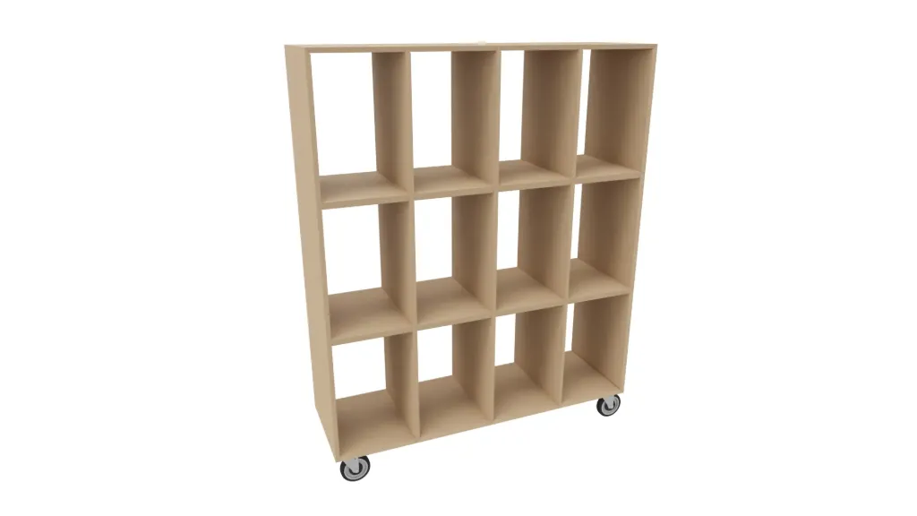 [CABINET 5.1.4-TBA] Volledig geopende kast met 2 planken - op wielen. (Nog te bepalen)