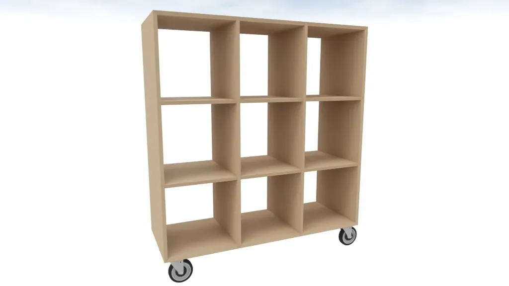 [CABINET 5.1.6-TBA] Volledig geopende kast met 2 planken en 9 vakken - op wielen (Nog te bepalen)