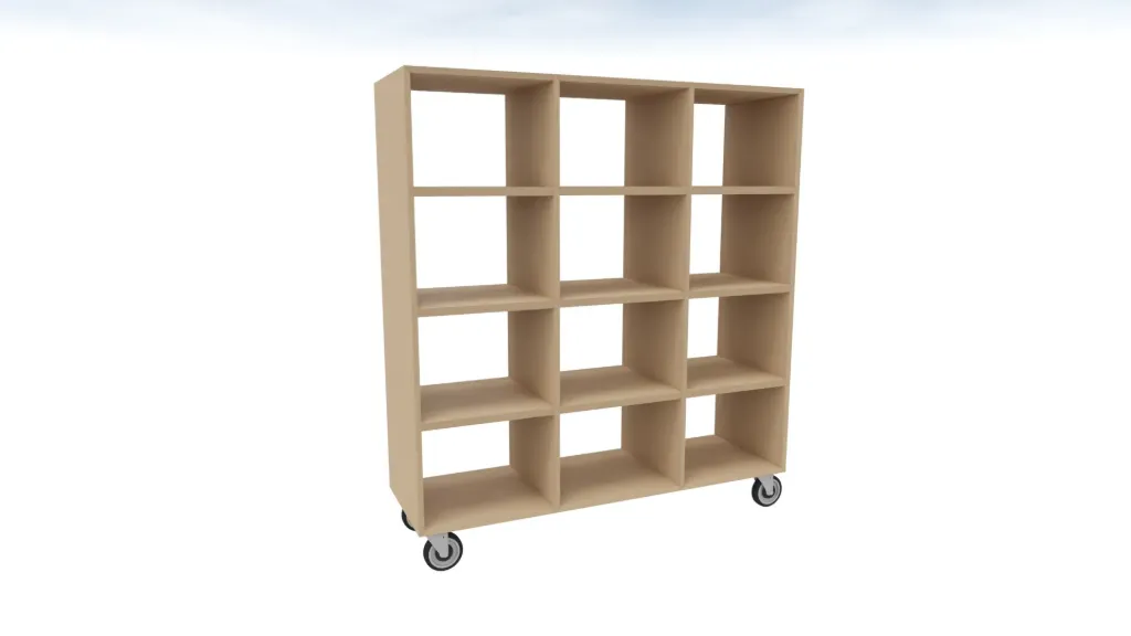 [CABINET 5.1.7-TBA] Volledig geopende kast met 3 planken met 12 vakken - op wielen (Nog te bepalen)